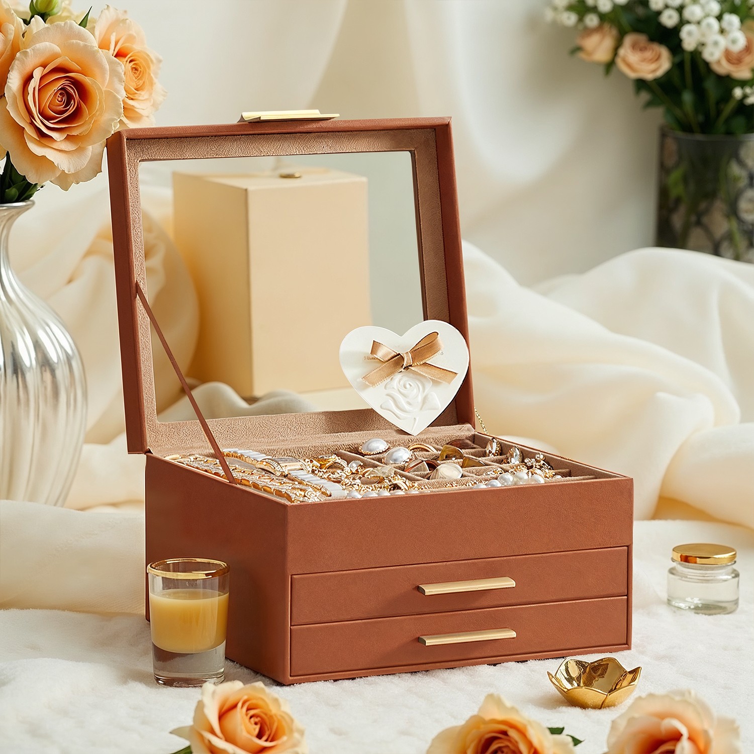 Jewelry Box - VERRIA 3-Layer Organizer with Glass Lid and 2 Drawer - Caramel Brown