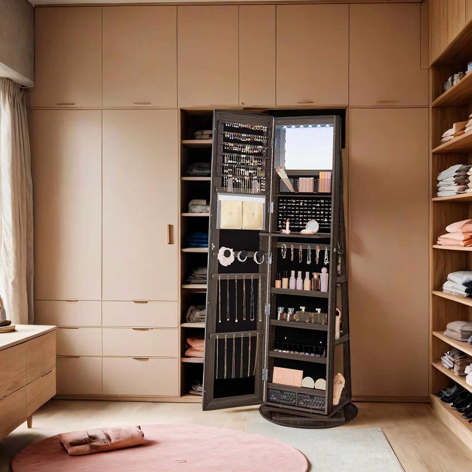 Jewellery Cabinet - VERRIA Swivel Lockable Mirror Organizer Frameless Full Length - Ash Brown