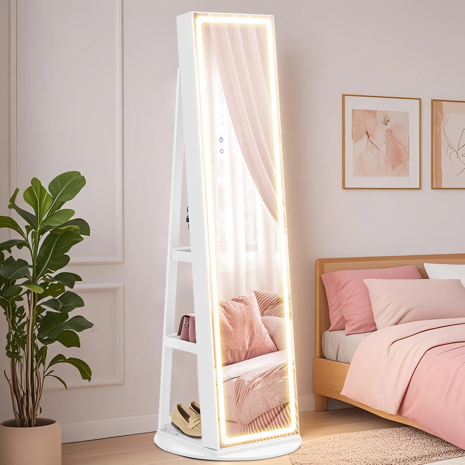 Jewellery Cabinet - VERRIA Standing LED Mirror Armoire Lockable Full-Length - White