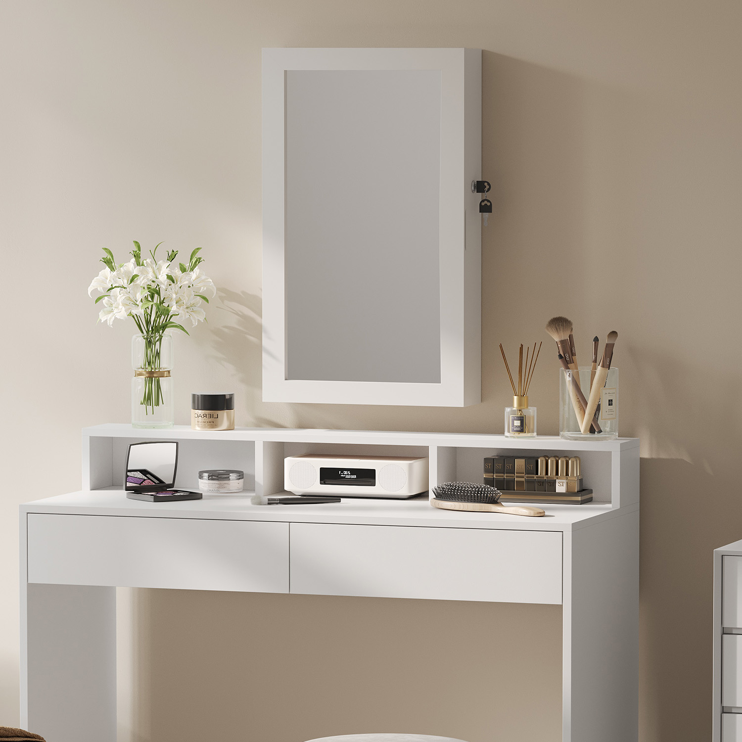 Jewellery Cabinet - VERRIA Lockable Wall Mounted Armoire with Mirror Space Saving - White