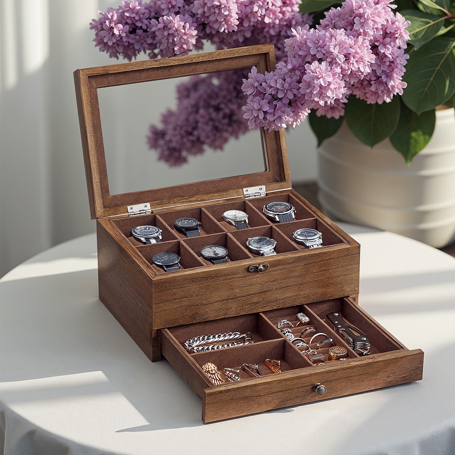 Watch Box - VERRIA 8 Slots Organizer Wood Case with Glass Lid and Pillows - Camel Brown