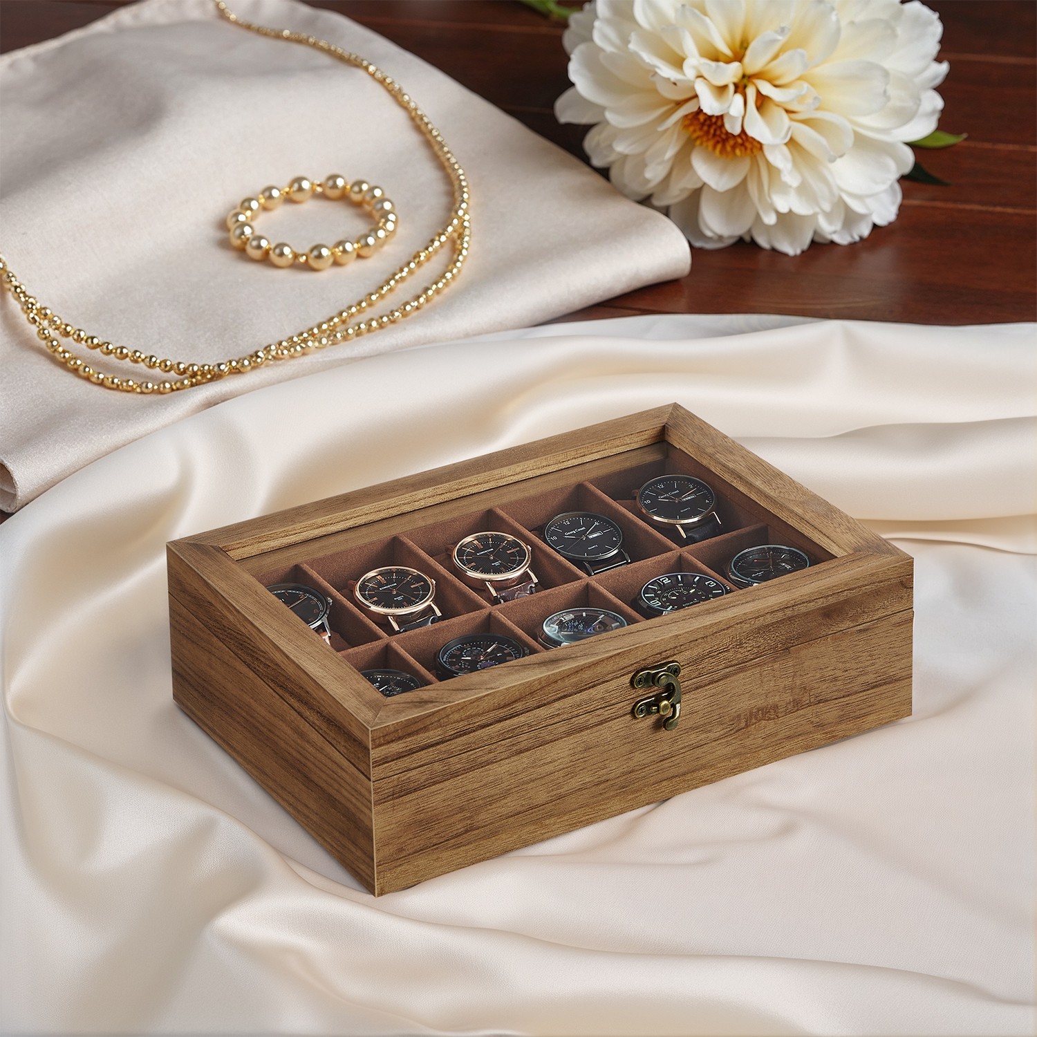 Watch Box - VERRIA 10 Slot Organizer Solid Wood Case with Glass Lid - Camel Brown