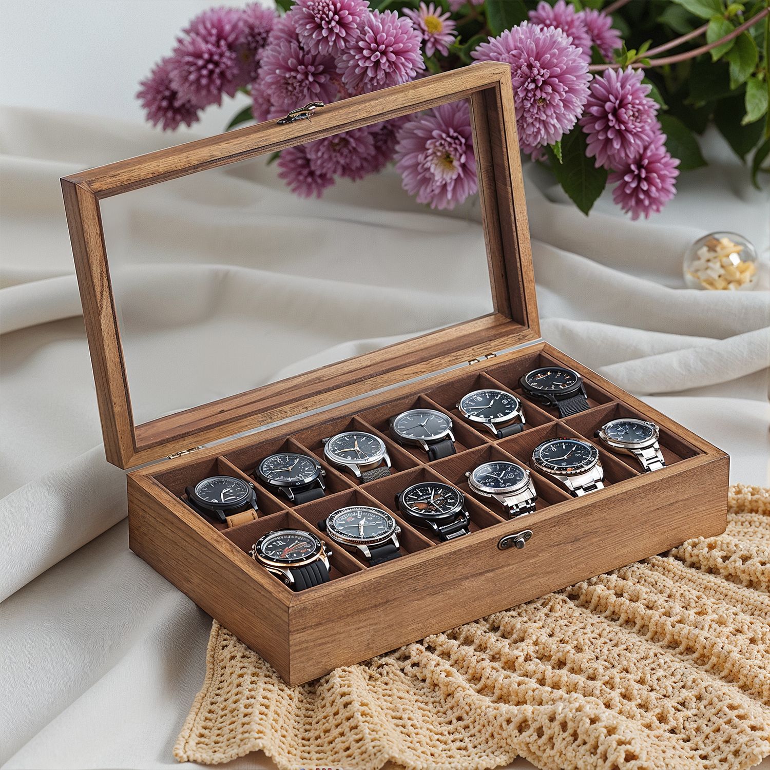 Watch Box - VERRIA 12 Slots Solid Wood Organizer with Glass Lid - Camel Brown