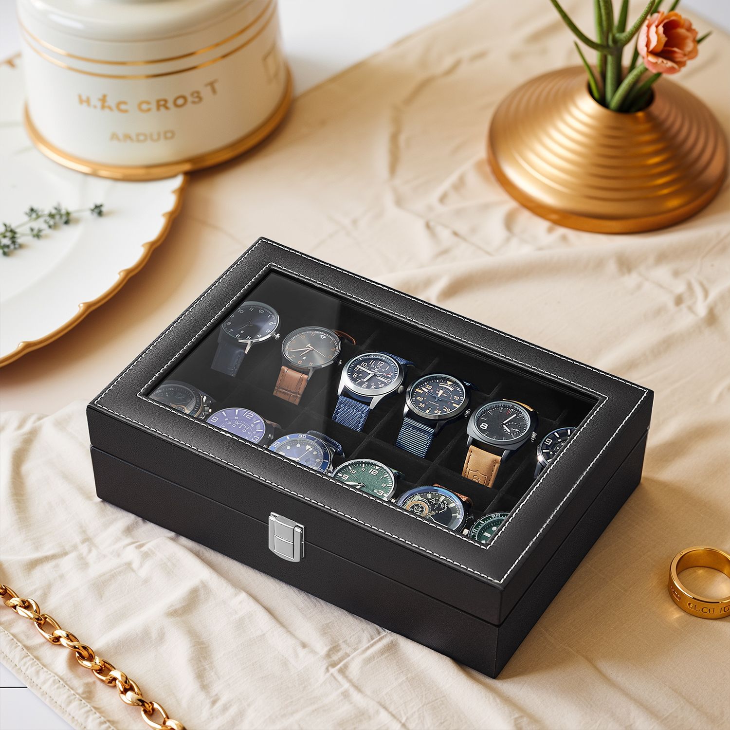 Watch Box - VERRIA 12 Slot Organizer Lockable Case with Glass Lid and Drawer - Black