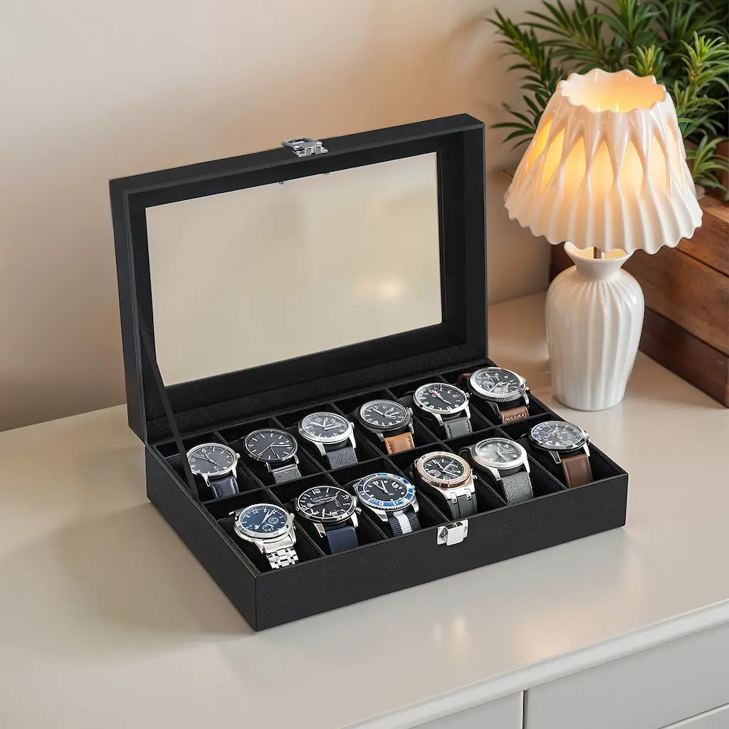 Watch Box - VERRIA 12 Slot Organizer Case with Glass Lid and Removable Pillow - Black