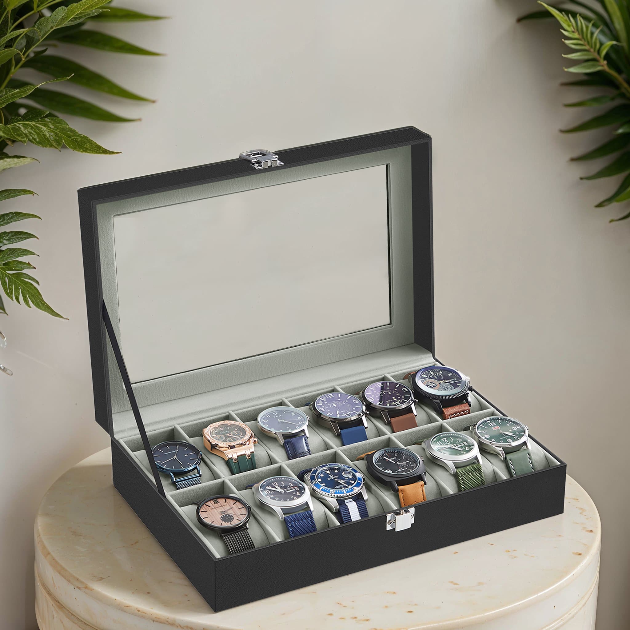 Watch Box - VERRIA 12 Slot Organizer Case with Glass Lid and Removable Pillow - Grey