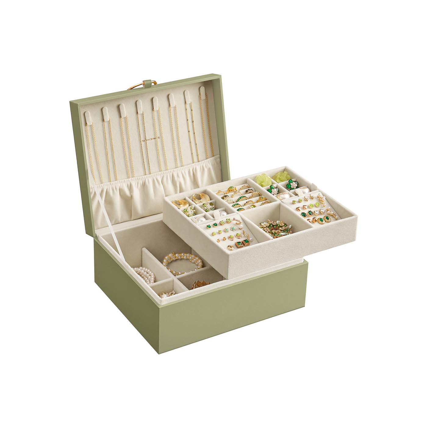Jewellery Box - ARCVA 2-Layer Organizer with Handle and Removable Tray - Laurel Green