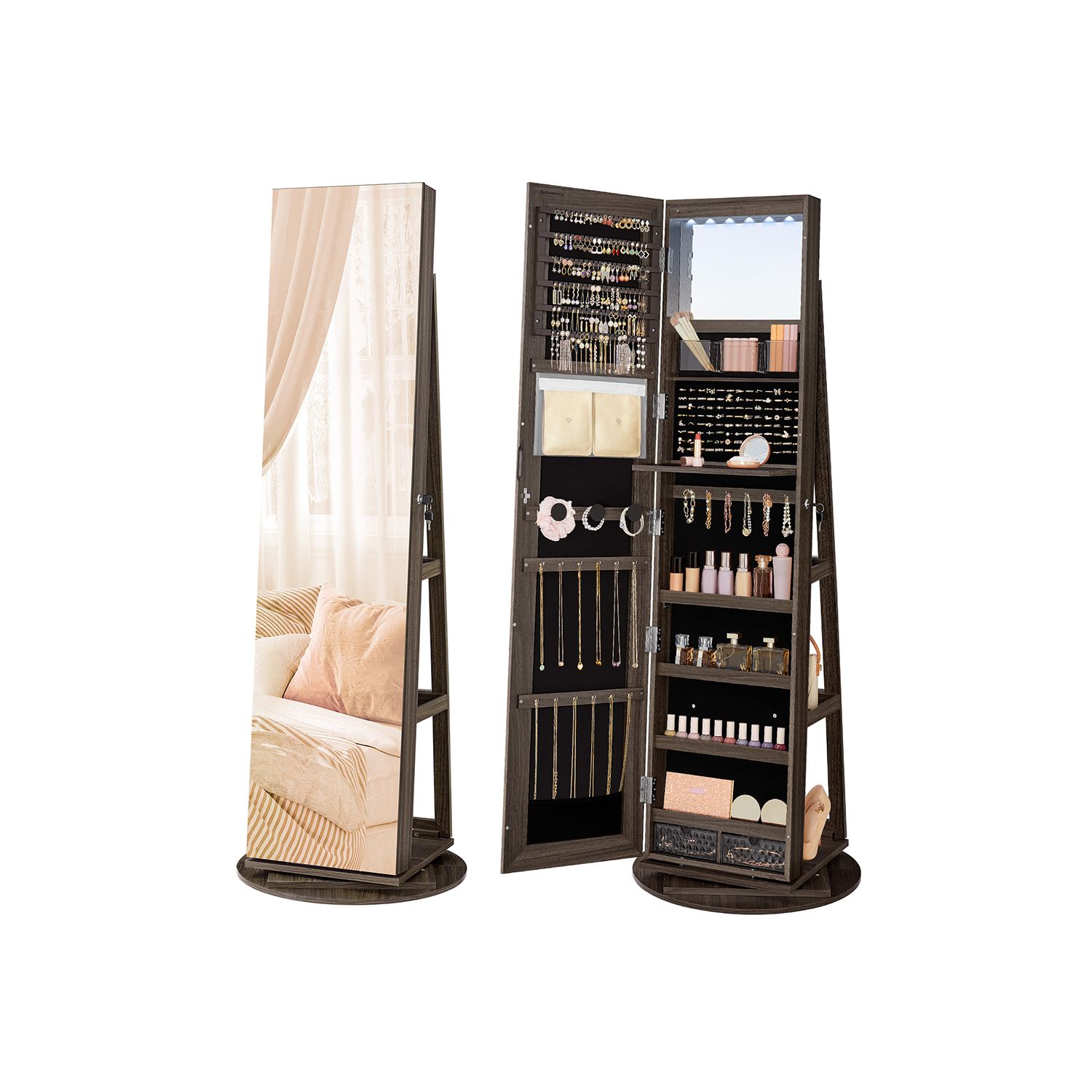 Jewellery Cabinet - VERRAE Mirror with 6 LED Ash Brown and Black