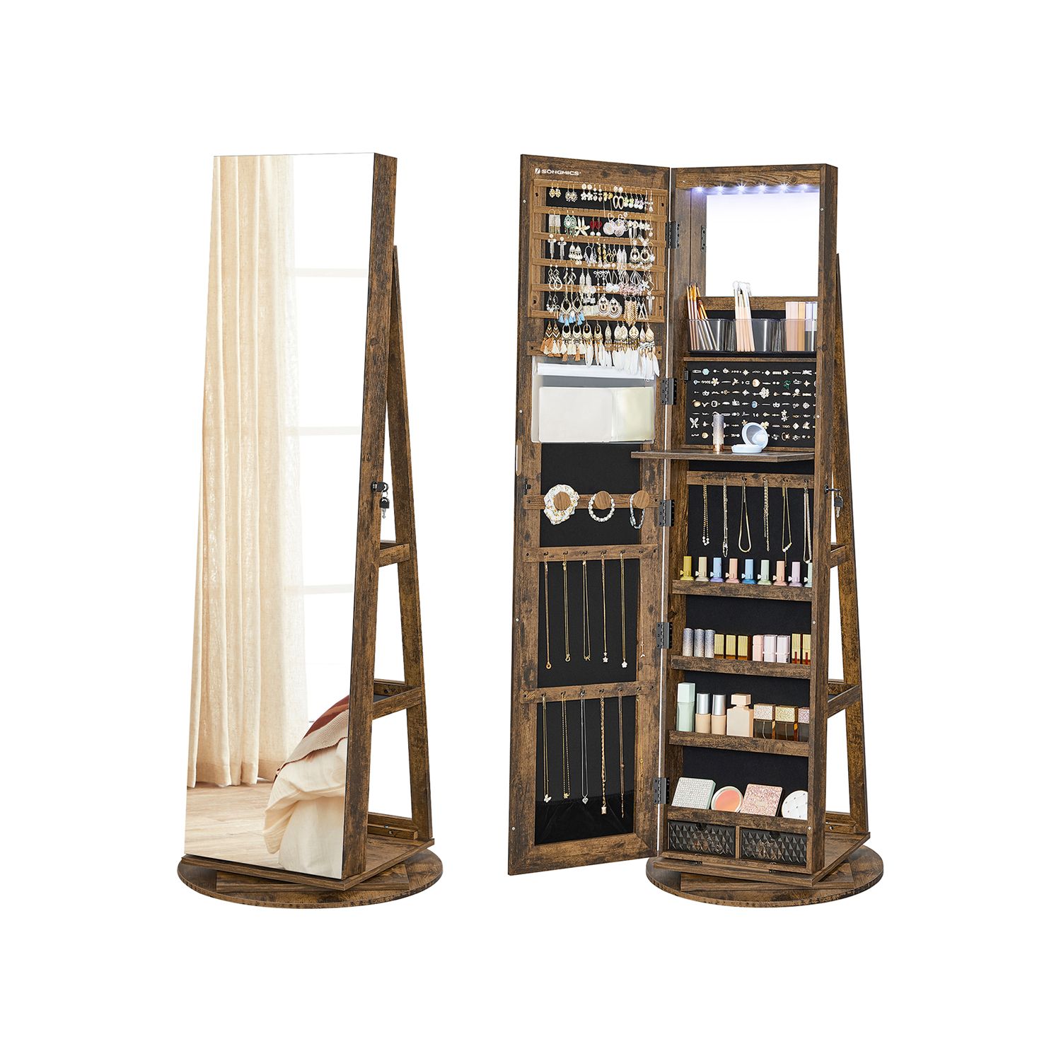 Rotating LED Mirror Jewelry Cabinet