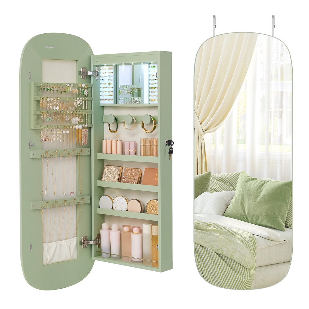 BLSULU Lockable LED Mirror Jewellery Cabinet - Laurel Green and Cream White