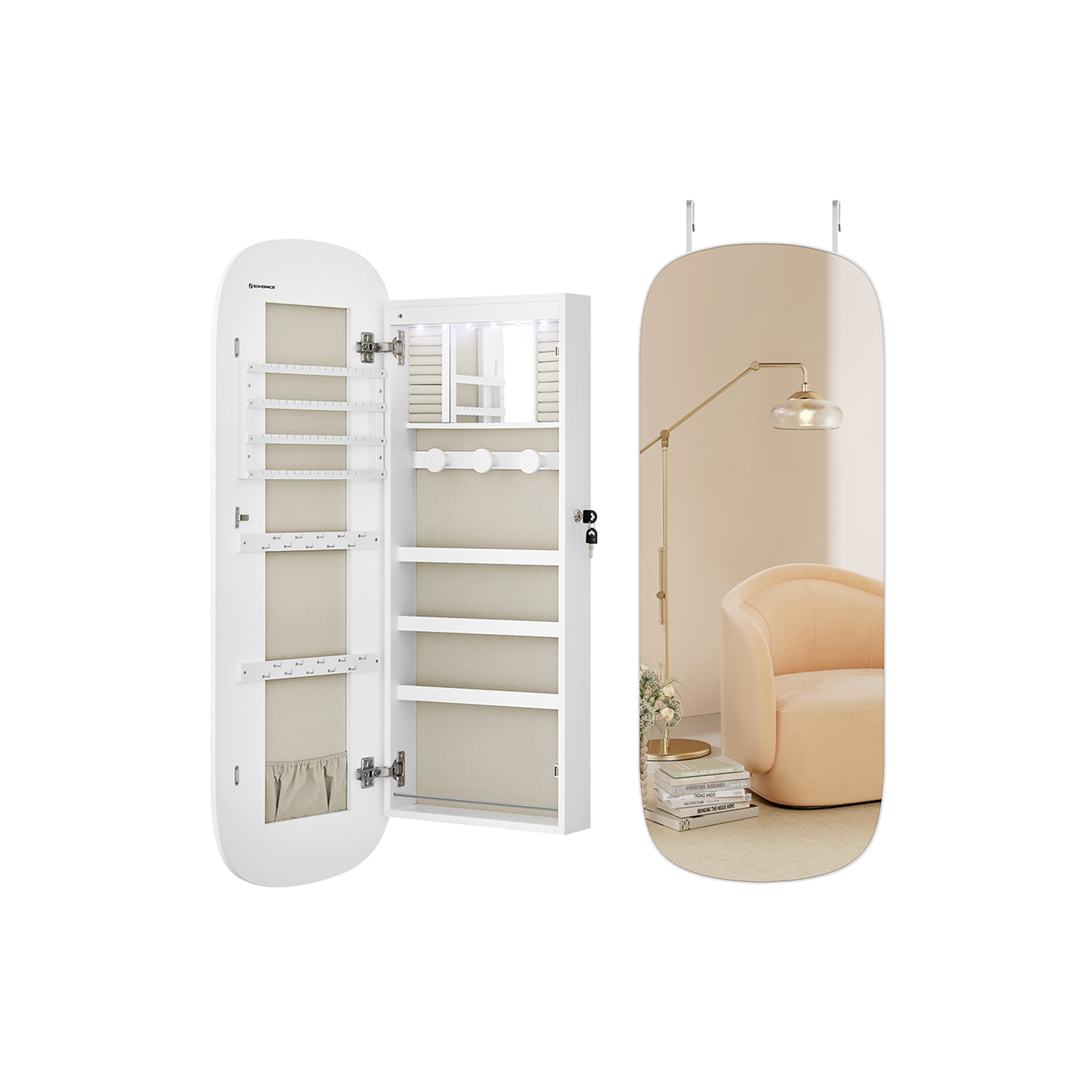 Jewellery Cabinet - VERRAE LED Mirror Jewellery Cabinet Wall Mounted - White