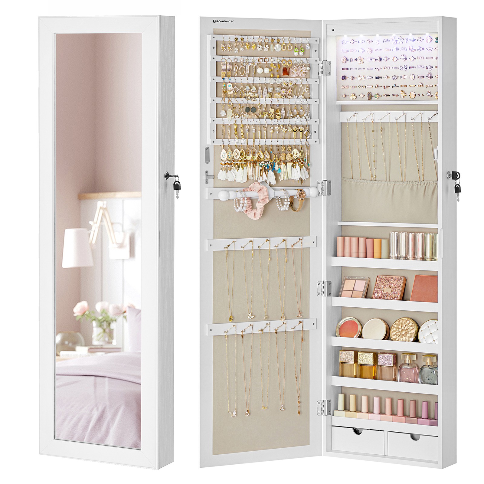 Jewellery Cabinet - VERRAE Mirrored Storage with Multiple Compartments - White
