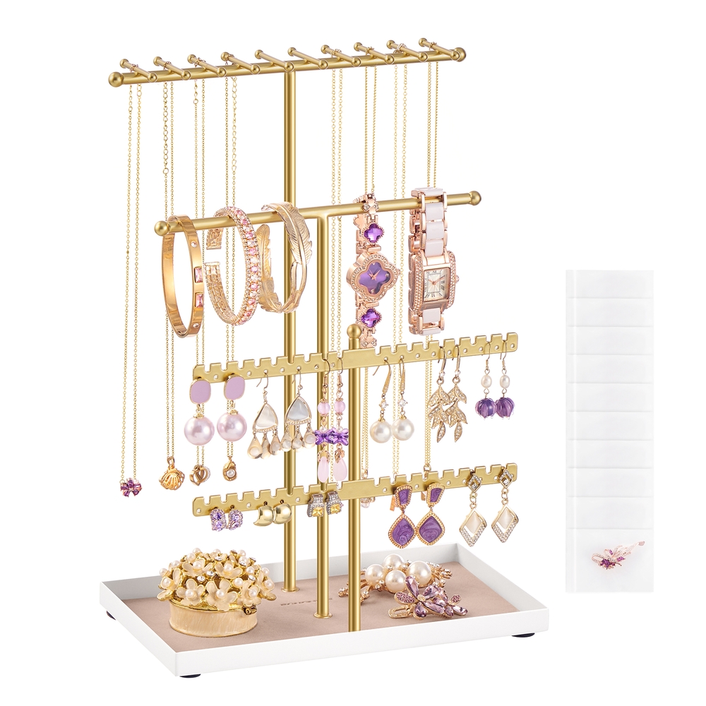 BRFYDO Jewellery Stand with Velvet Tray - Pale Gold