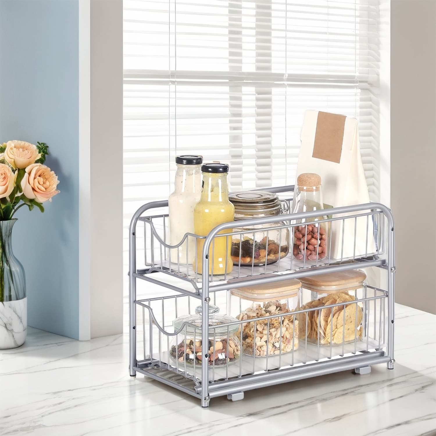 Under Sink Organizer - FINTTO 2 Tier Sliding Baskets - Silver