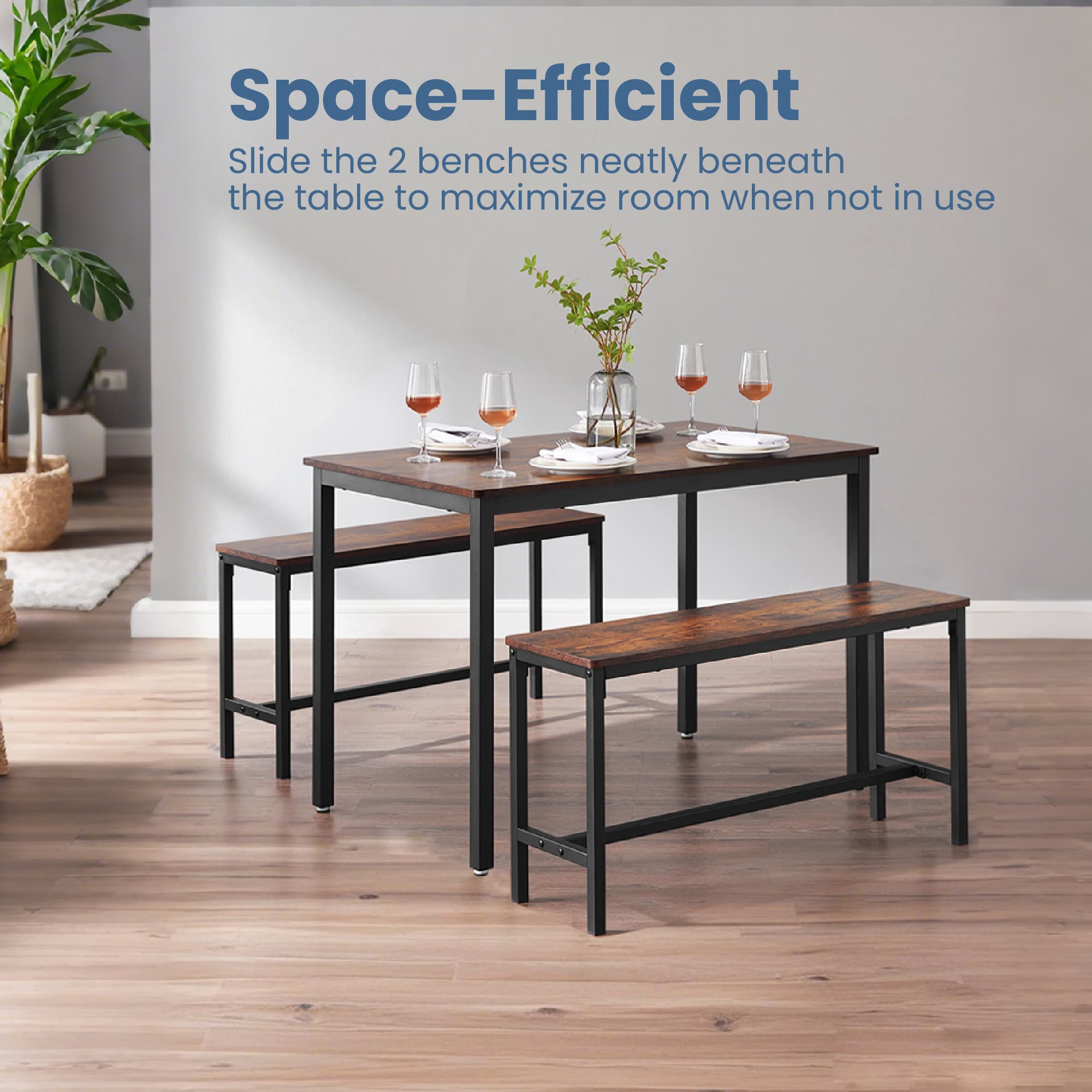 Dining Table Set - FINTTO Rustic Farmhouse Dining Set with 2 Benches - Rustic Brown