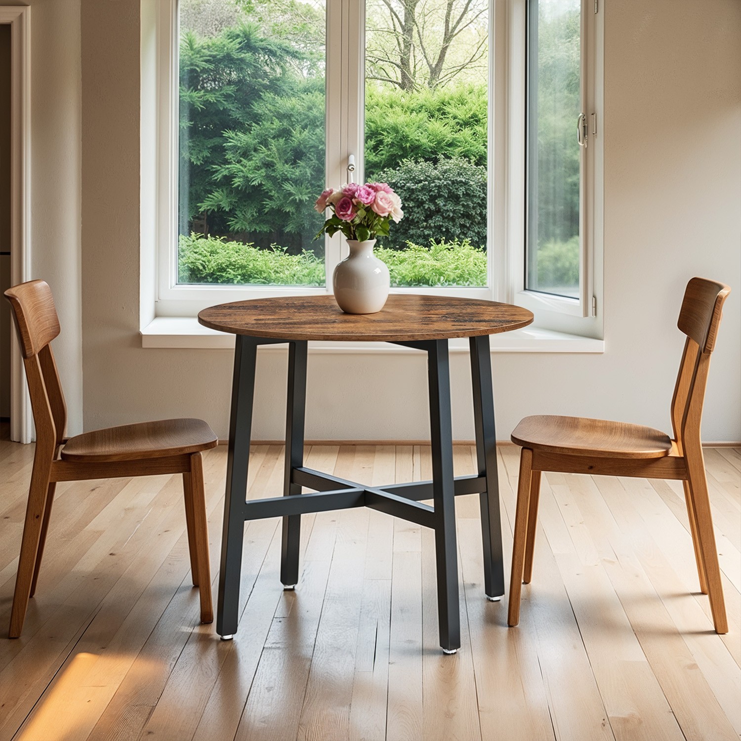 Dining Table - FINTTO Round Kitchen Table with Wooden Legs - Brown