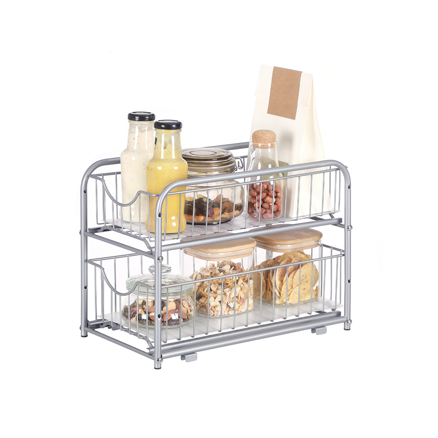 Sink Organizer - LUSLIA 2 Tier Sliding Basket Under Sink Organizer - Silver