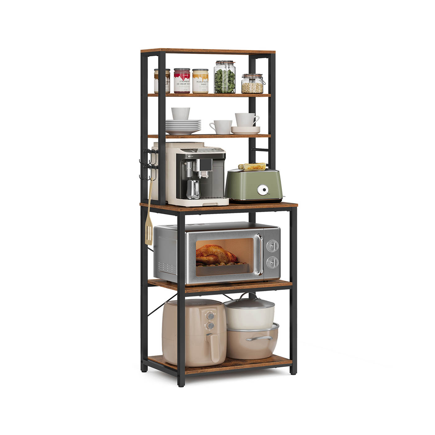 Kitchen Storage Rack - SOLRA 6 Shelves and Hooks 60cm Rustic Brown