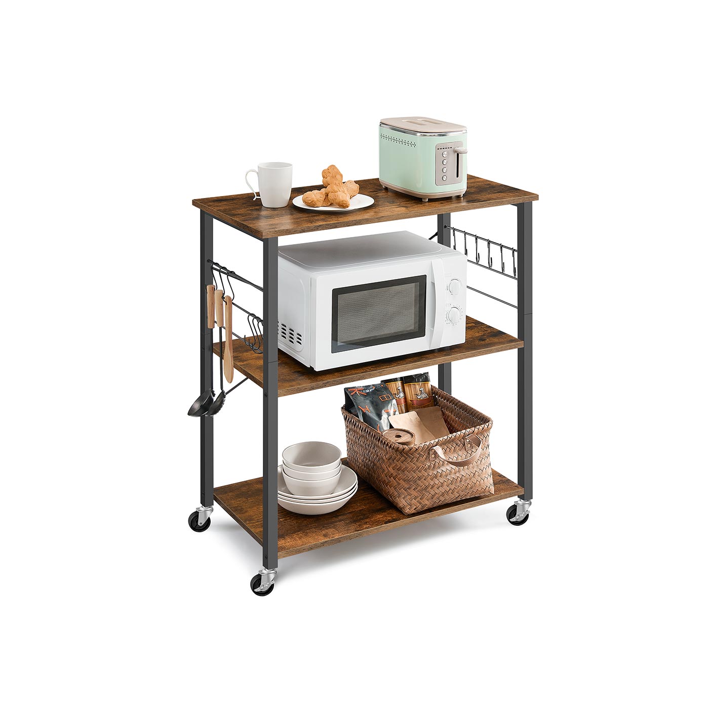 Kitchen Shelf - SOLRA 3-Tier Rolling Storage Shelf with Rustic Brown and Black Finish - Rustic Brown and Black