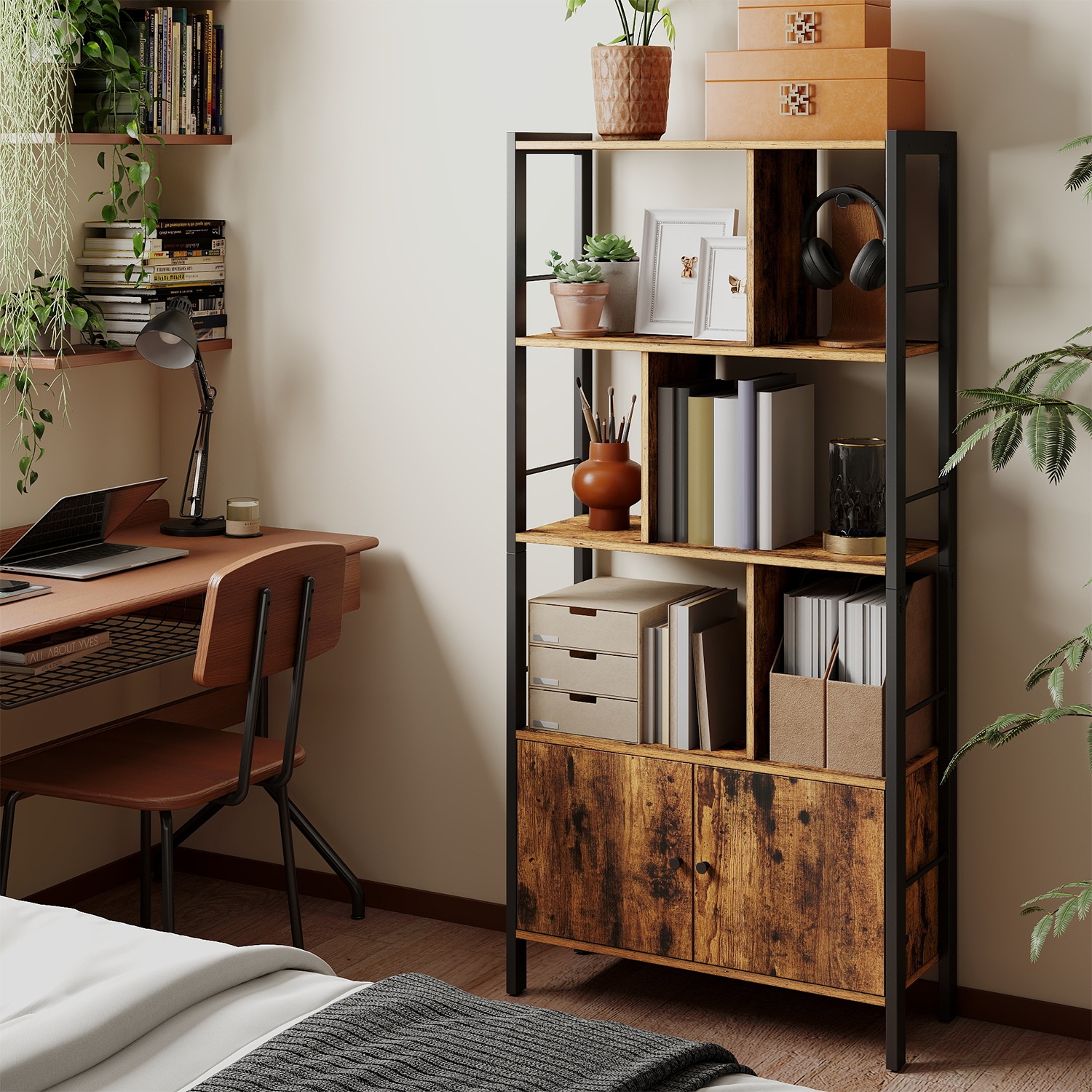 Bookshelf - VERRA Large Bookcase with Doors 4 Shelves Rustic Brown Black