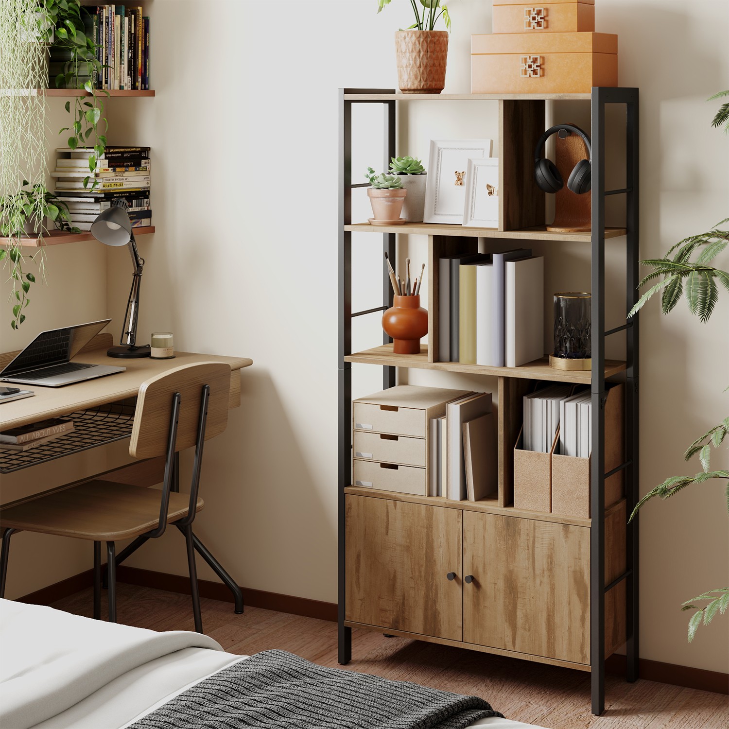 Bookshelf - VERRA Large Bookcase with Door - Black