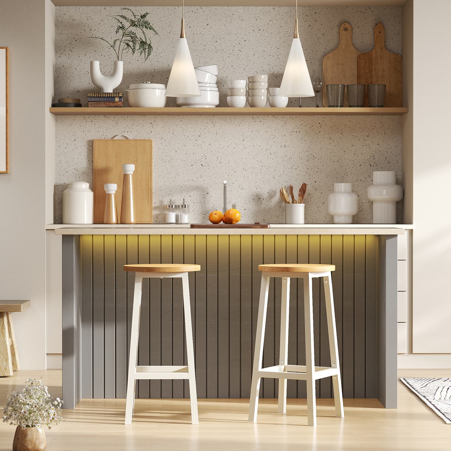 Bar Stools - VERRA Set of 2 Kitchen Chairs with Footrest 65 cm High - White Oak