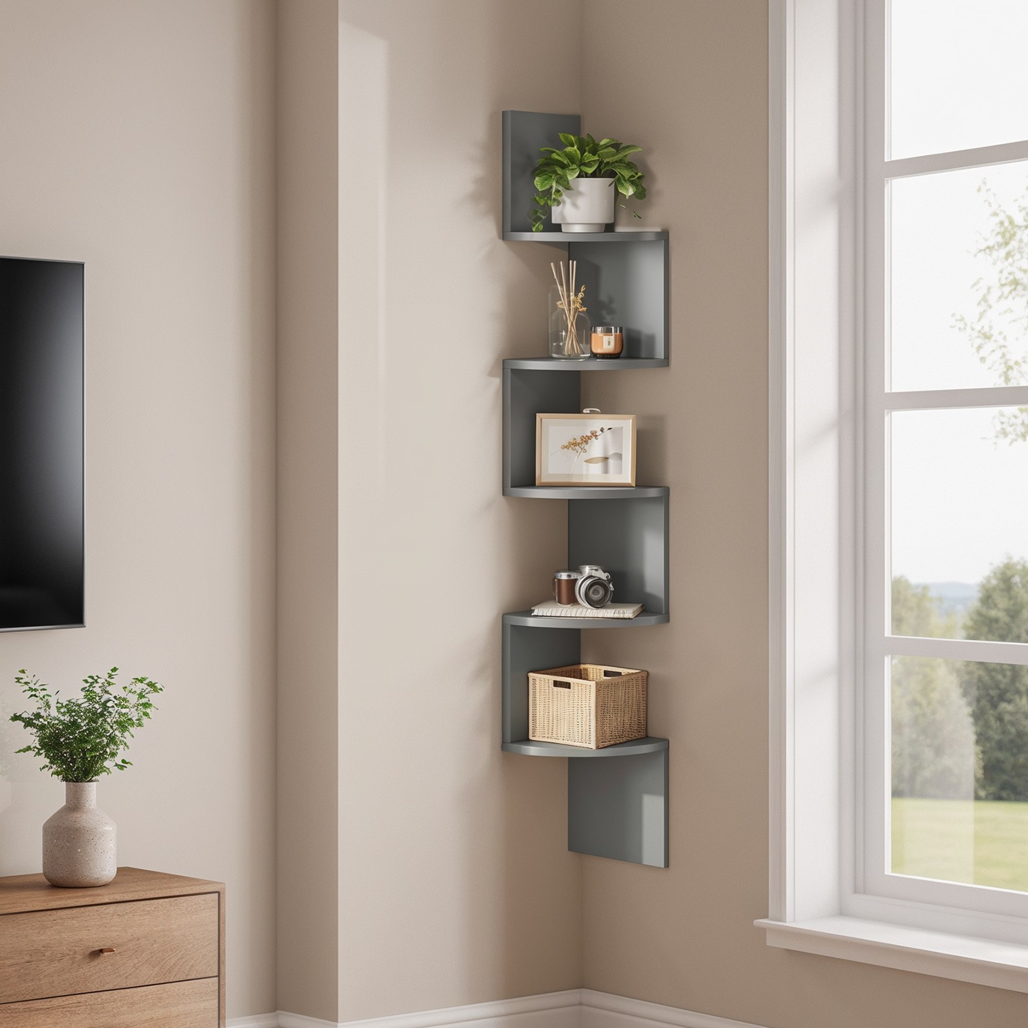 Corner Shelf - VERRA Wall Mount 5 Tier Floating Bookshelf Plant Shelf - Green