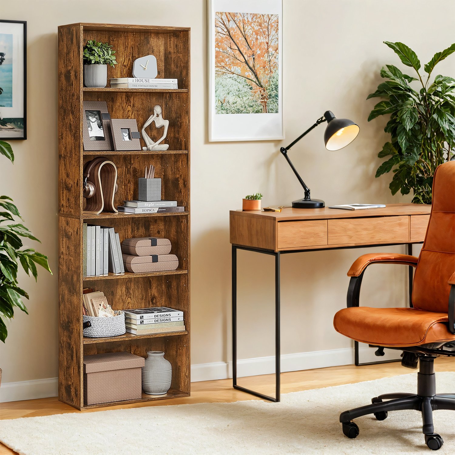 Bookshelf - VERRA 6 Wide Shelves Bookcase Camel Brown