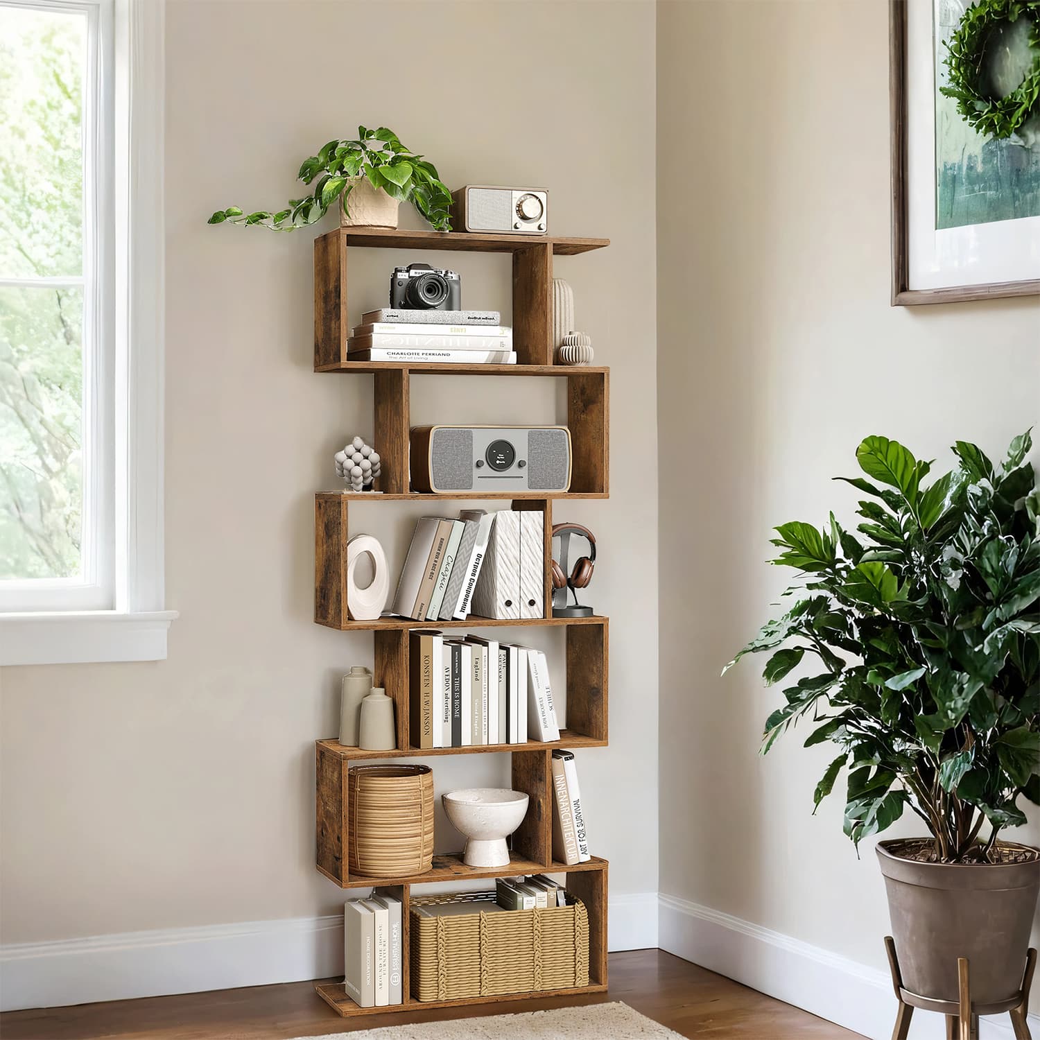 Bookshelf - VERRA 6 Tier Bookcase Room Divider - Brown