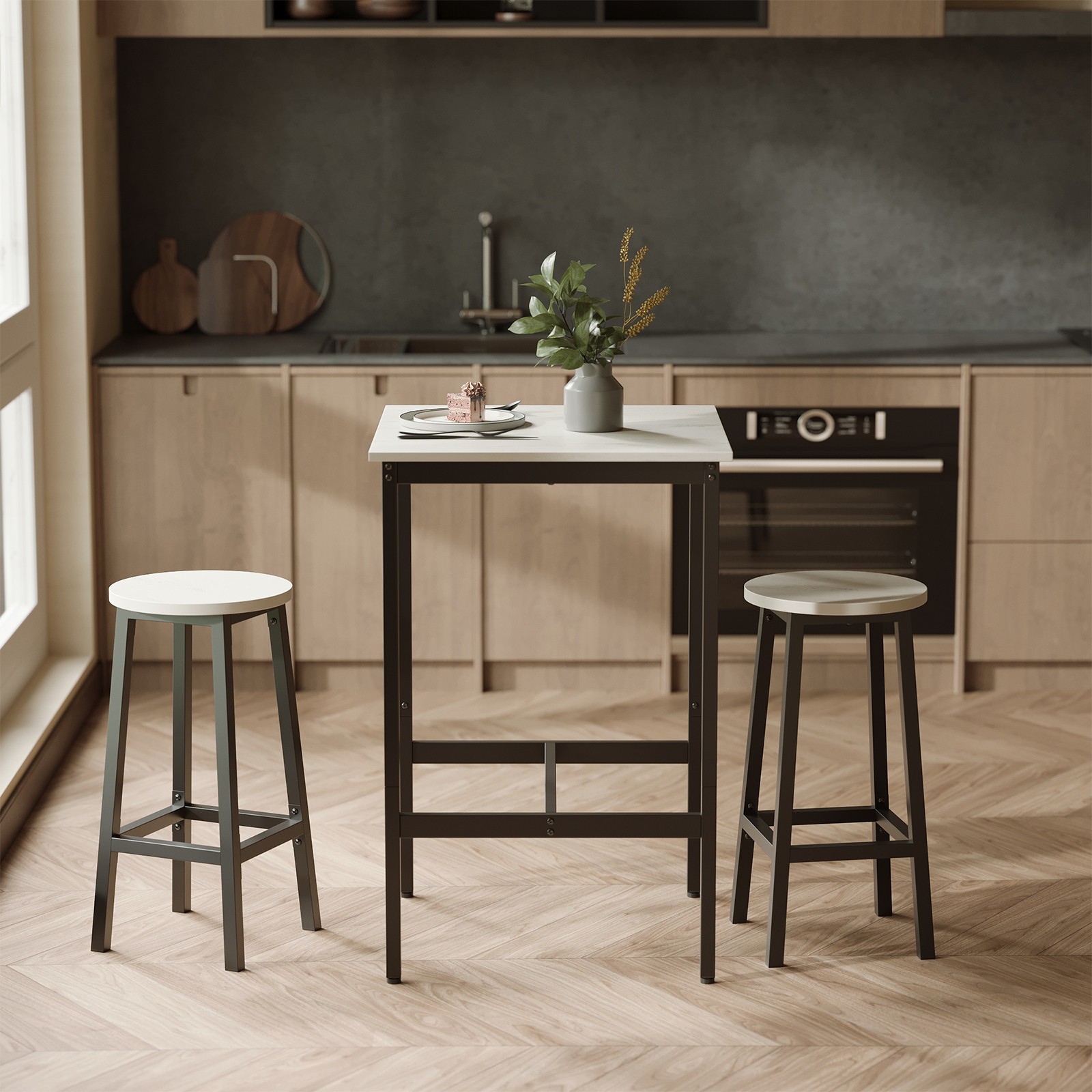 Bar Table - VERRA Tall Kitchen Dining Bar Table with Oak Effect Top - White