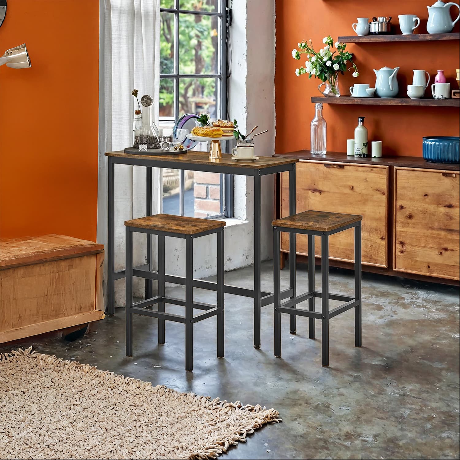 Bar Table Set - VERRA Dining Table Bar Set with 2 Stools Kitchen - Brown