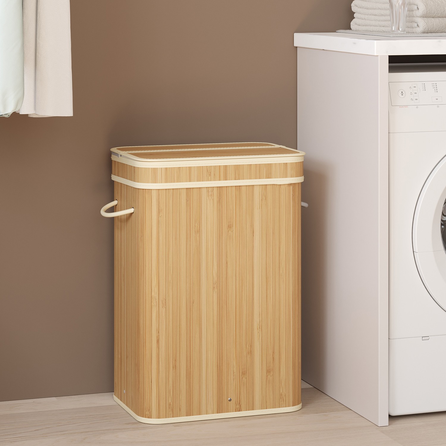 Laundry Hamper - VERRA Bamboo Basket with Lid Removable 42cm - Beige