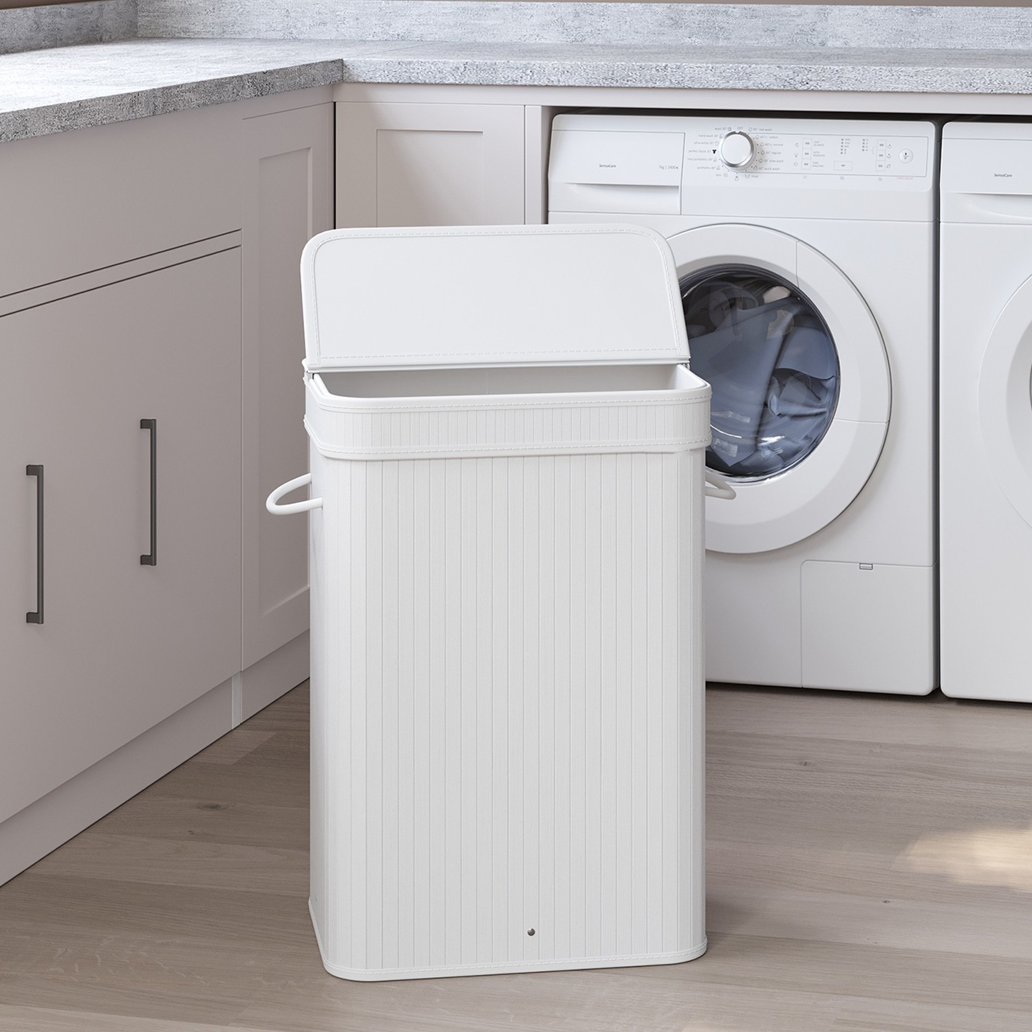 Laundry Hamper - VERRA Bamboo Basket with Lid Removable 42cm - White