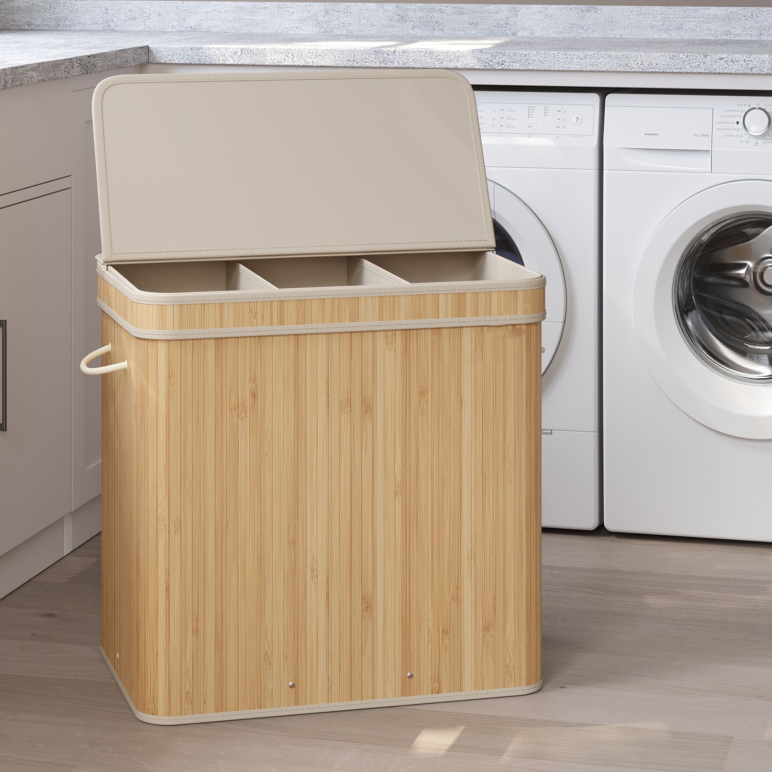 Laundry Hamper - VERRA Bamboo Basket with Lid Removable 62cm - Beige