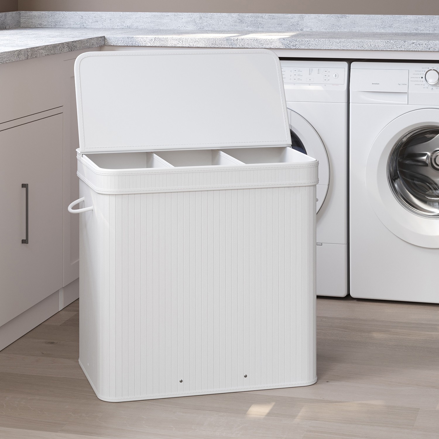 Laundry Hamper - VERRA Bamboo Basket with Lid Removable 62cm - White