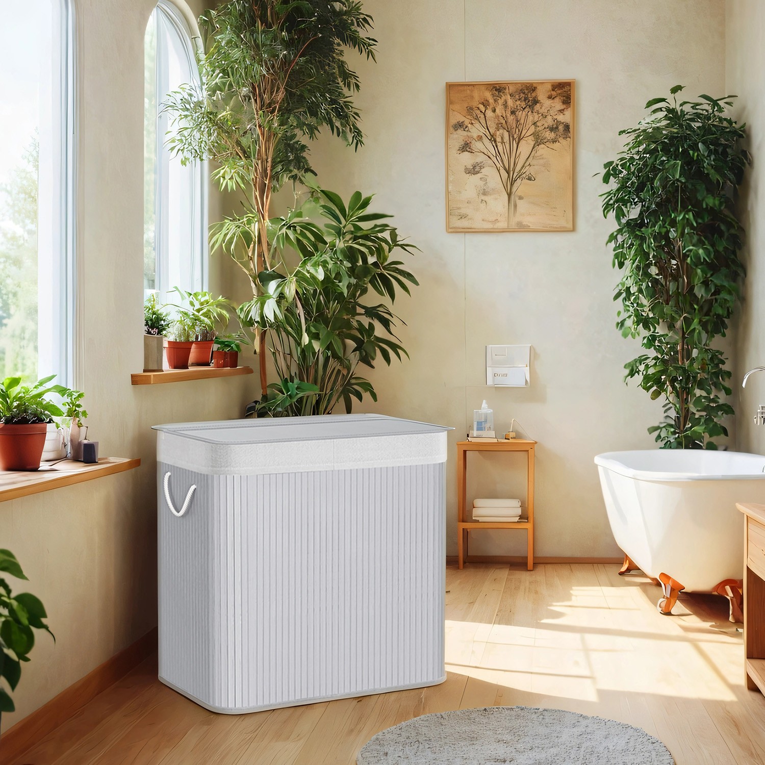 Laundry Basket - VERRA 3-Section Bamboo Hamper with Lid 150L - Grey