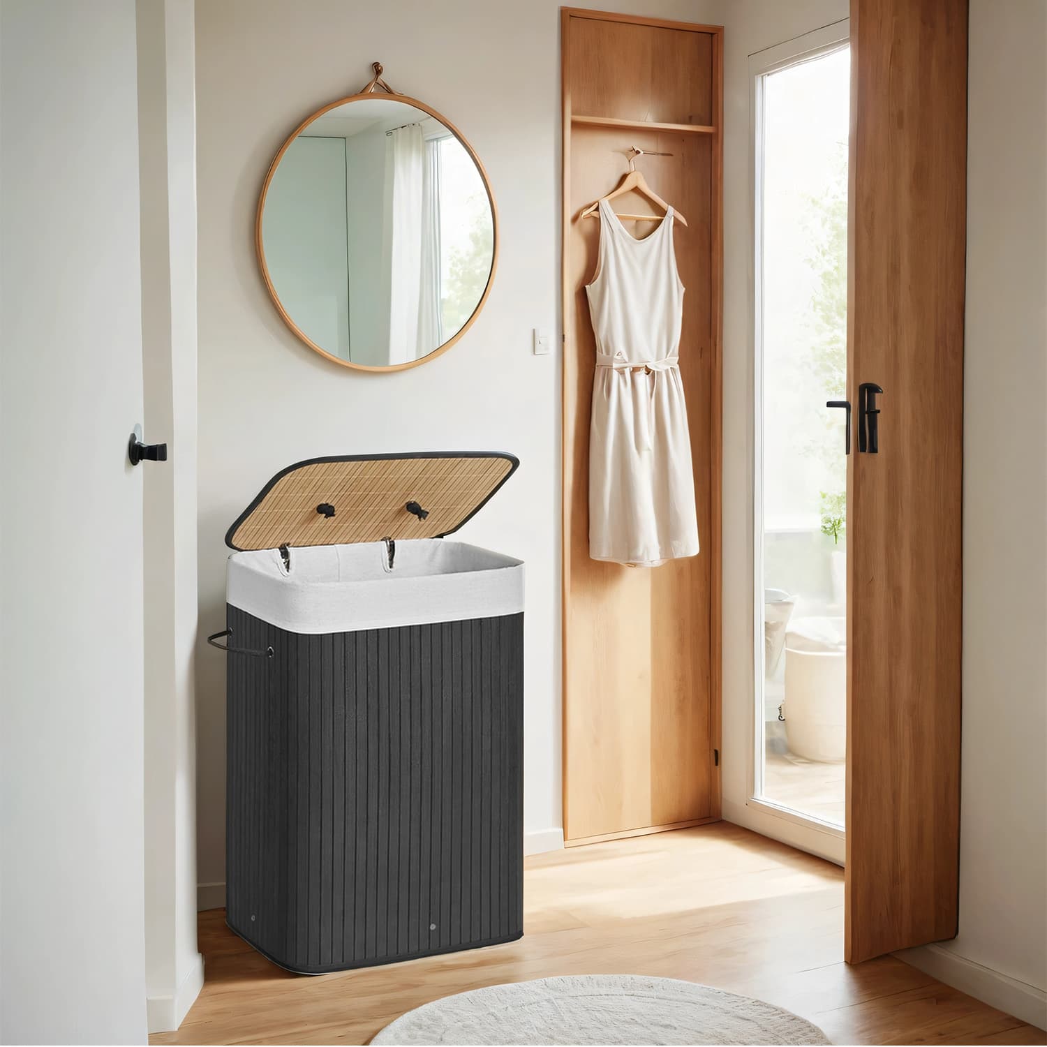 Laundry Hamper - VERRA Foldable Bamboo Basket with Lid and Handles 72L - Black