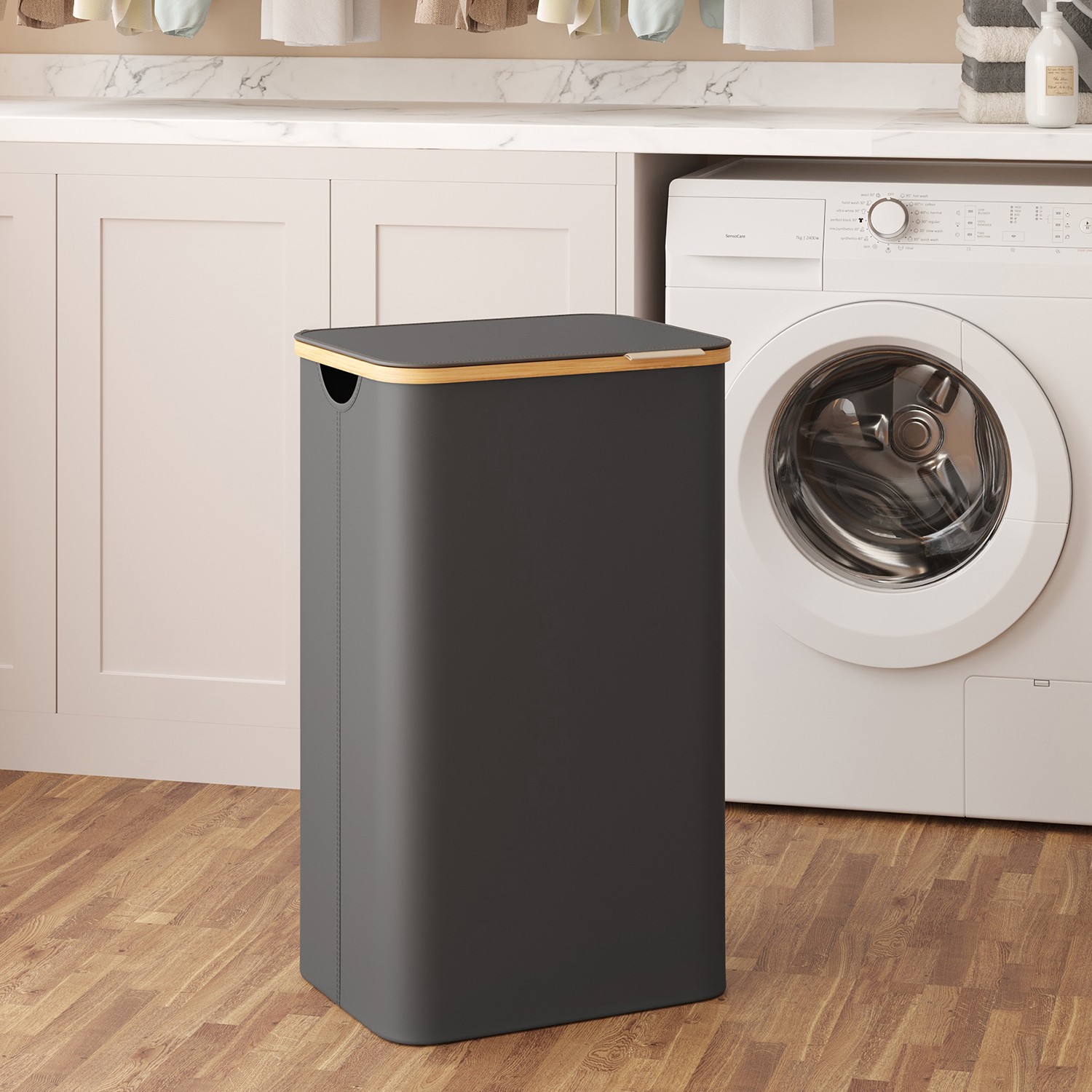 Laundry Hamper - VERRA Large Basket with Lid 90L - Black