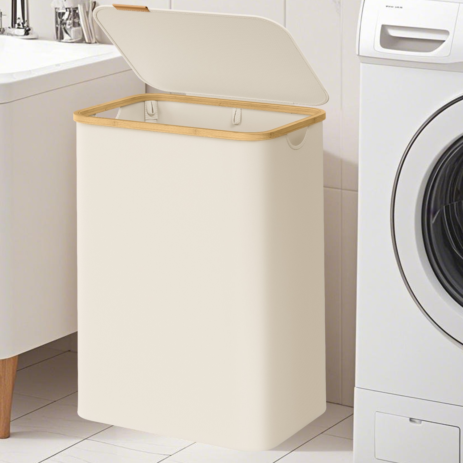 Laundry Basket - VERRA 2-Section Large Hamper with Lid 130L - White