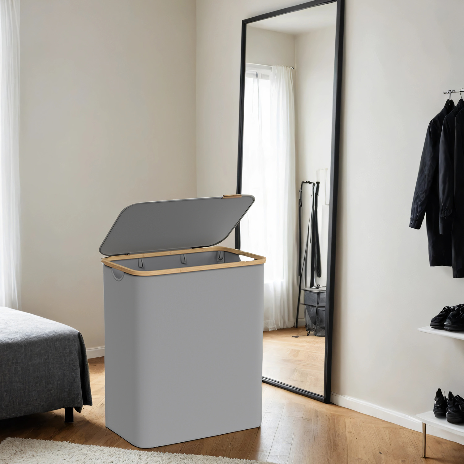 Laundry Basket - VERRA 3-Section Large Hamper with Lid 150L - Grey