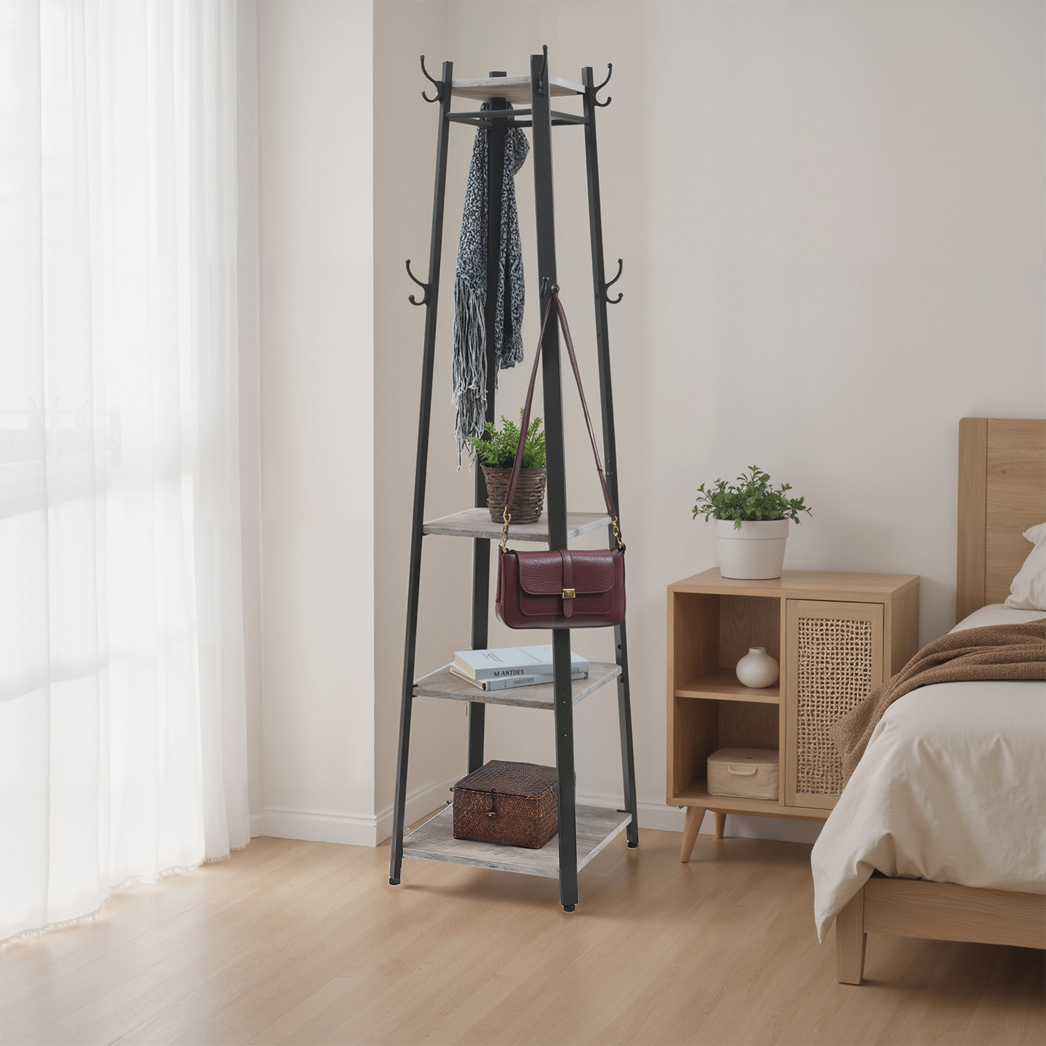 Coat Rack - VERRA Free Standing Hall Tree with 3 Shelves and Hook - Black