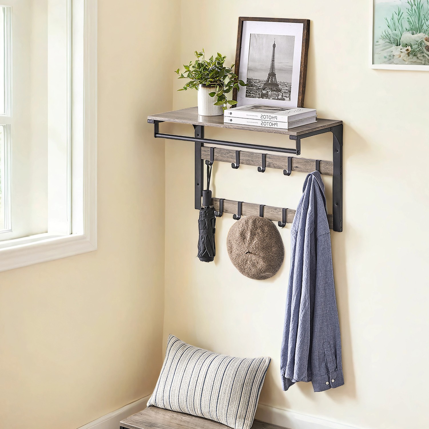 Coat Rack - VERRA Wall Shelf with 10 Hooks and Clothes Rail - Greige and Black
