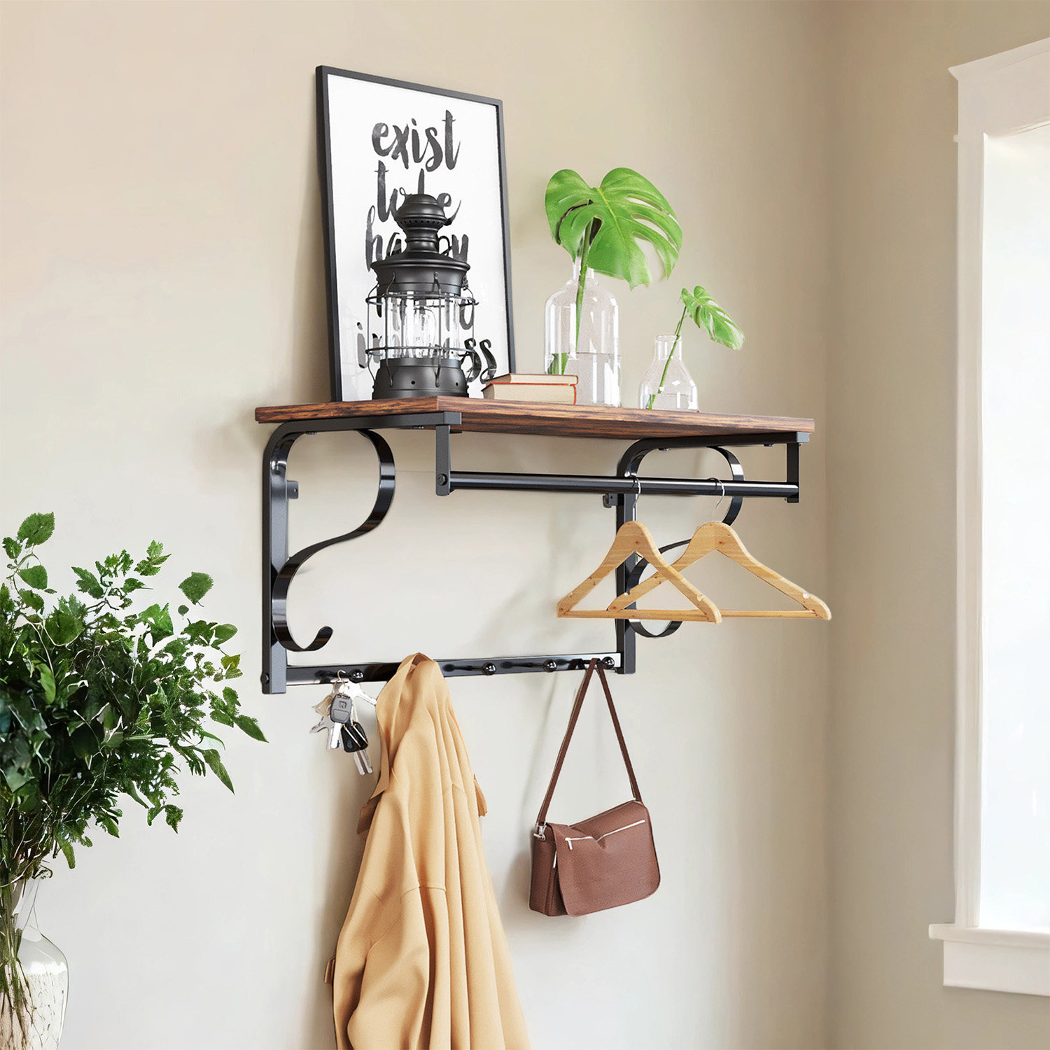 Coat Rack - VERRA Industrial Wall Mounted Shelf with 5 Hooks and Hanging Rail - Brown Black