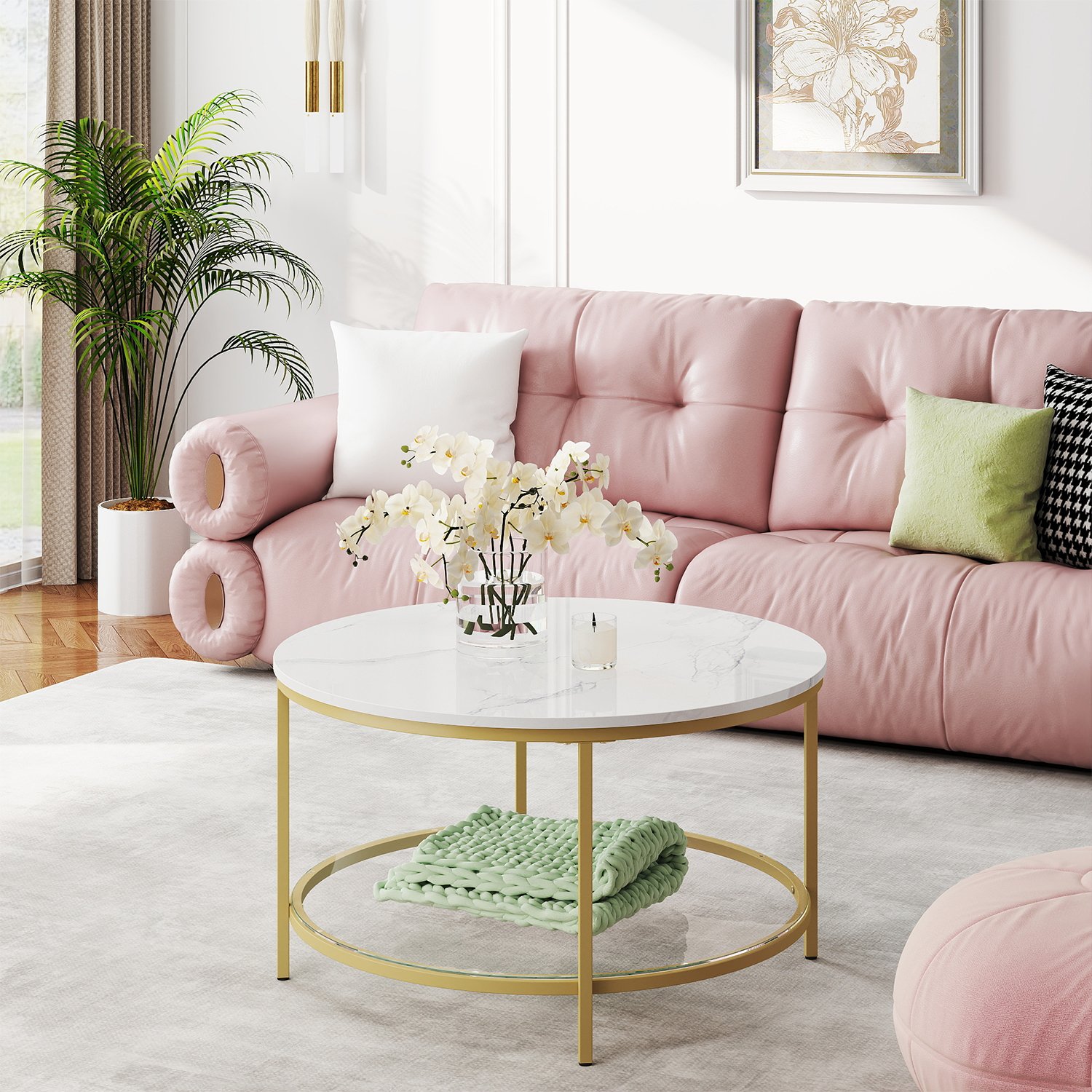 Coffee Table - VERRA Sofa Cocktail Table Gold Metal Frame Marble White - White