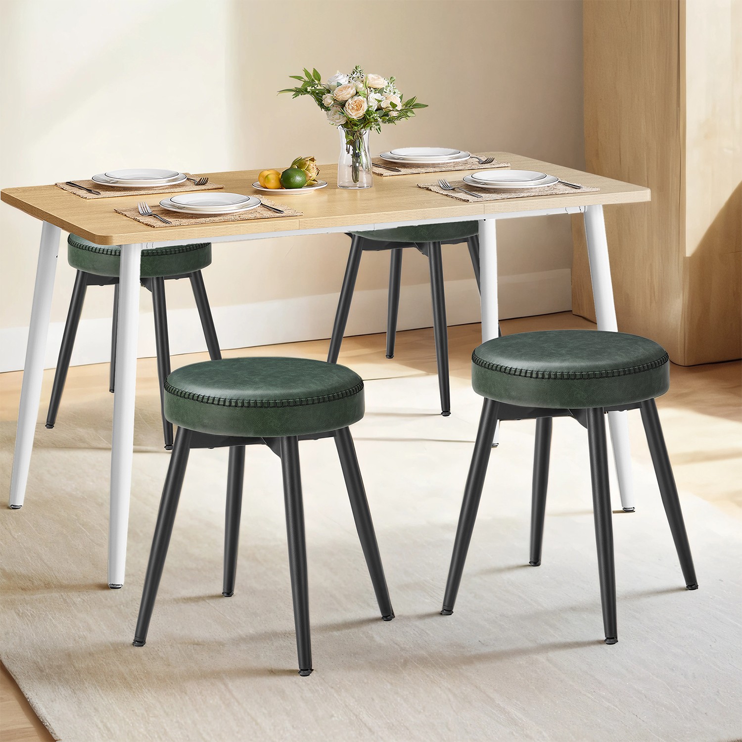 Kitchen Stools - VERRA Set of 2 Upholstered Dining Stools Synthetic Leather - Green