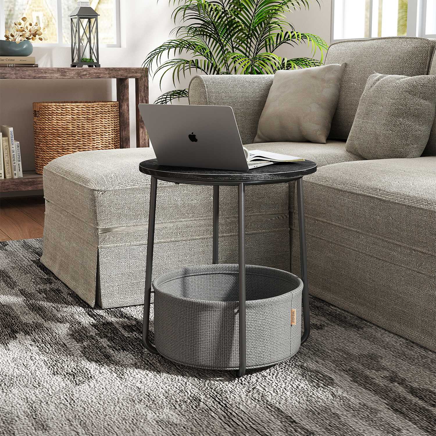 Side Table - VERRA Round End Table with Fabric Basket - Ebony Black