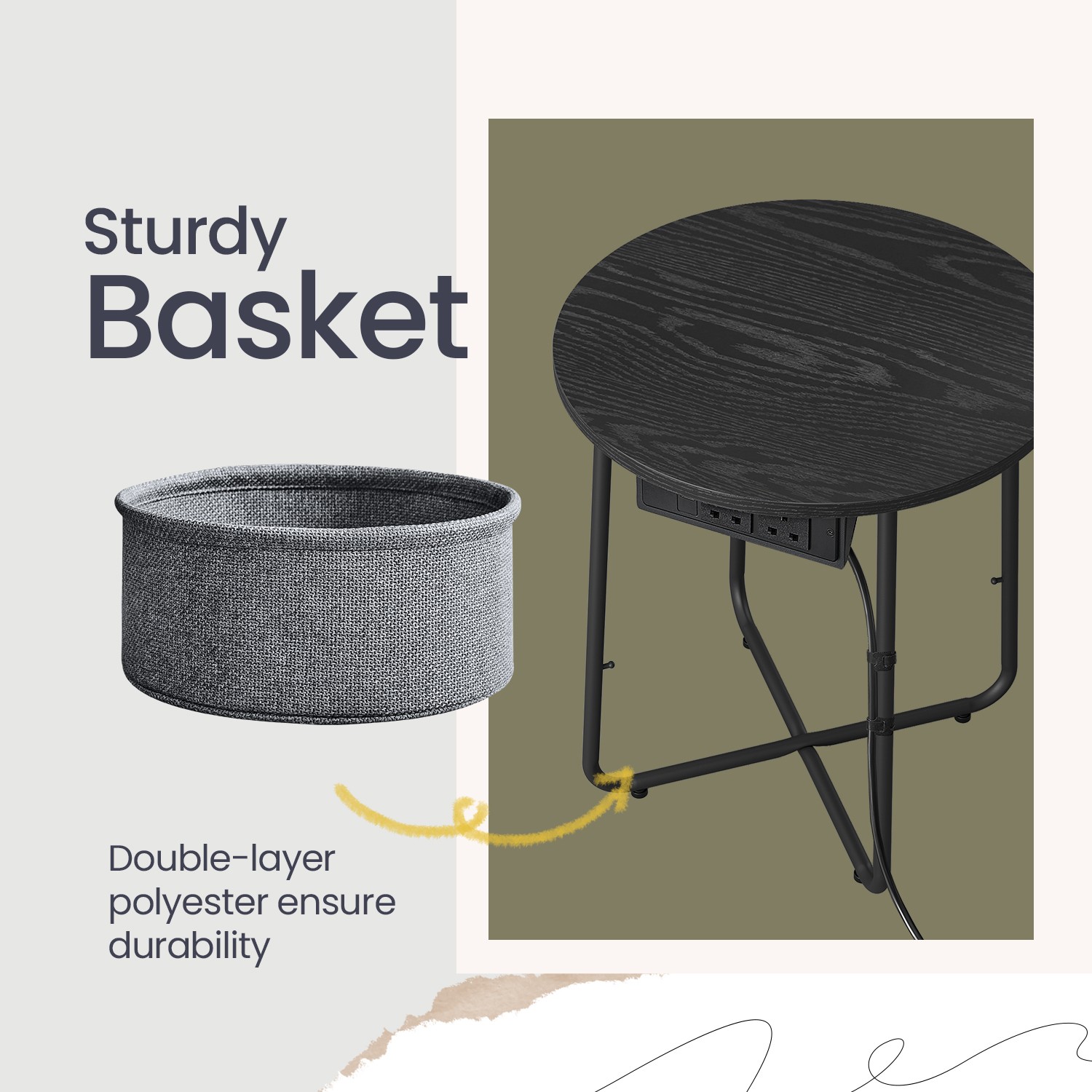 DENABE Round Side Table with Fabric Basket - Black and Grey