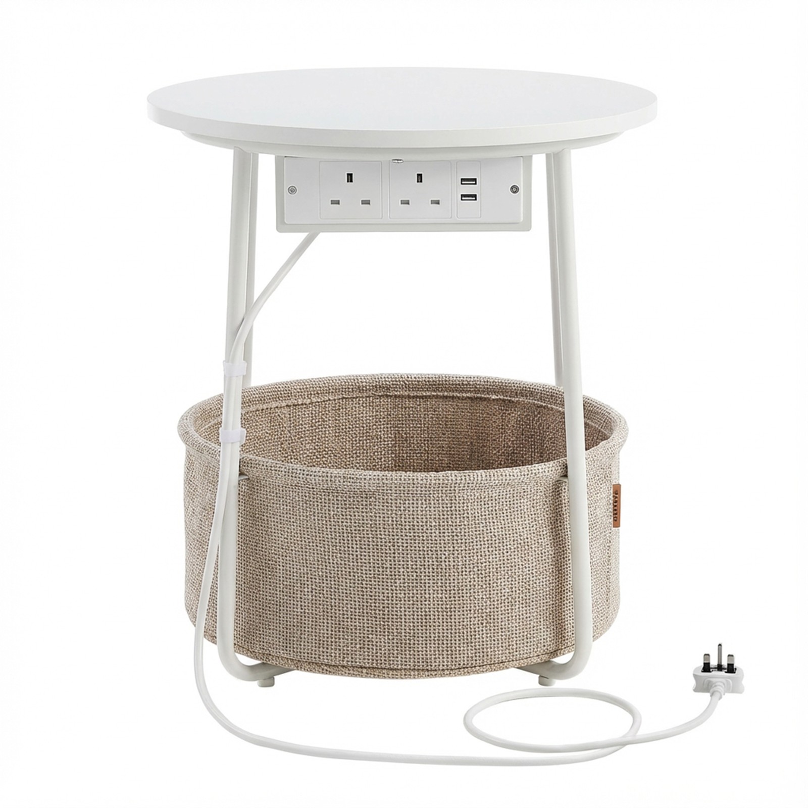 DENABE Round Side Table with Fabric Basket - White