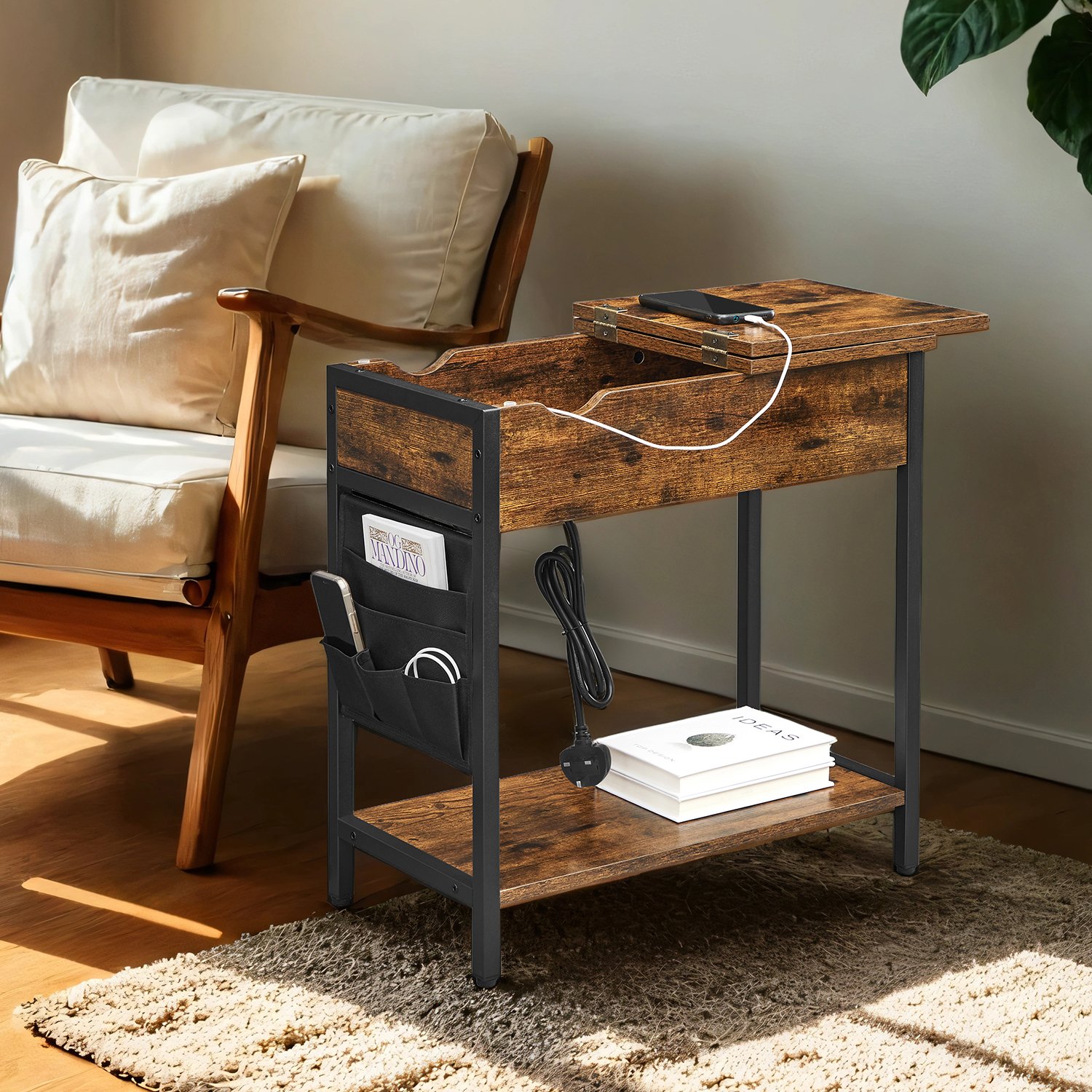 Side Table - VERRA Slim Charging Station USB Ports Storage - Black