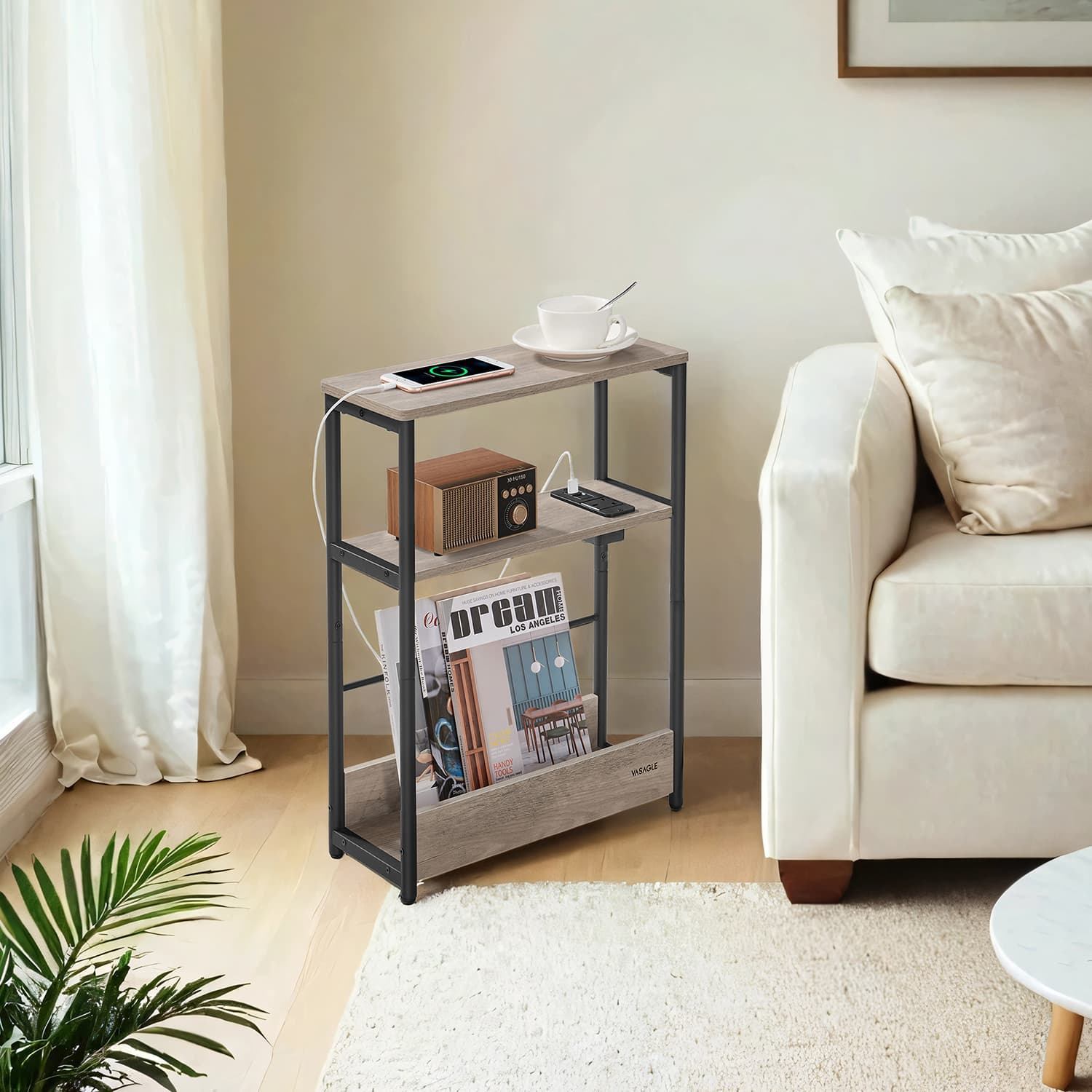 Side Table - VERRA Charging Station 3 Tier Narrow End Table with Magazine Rack - Light Grey